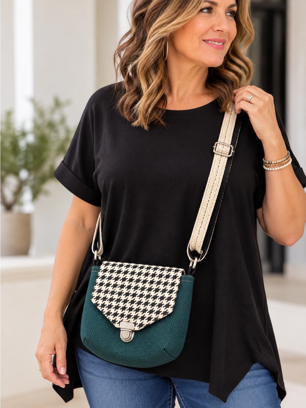 NEW Handmade Bag Crossbody Small Teal Houndstooth Adjustable Strap